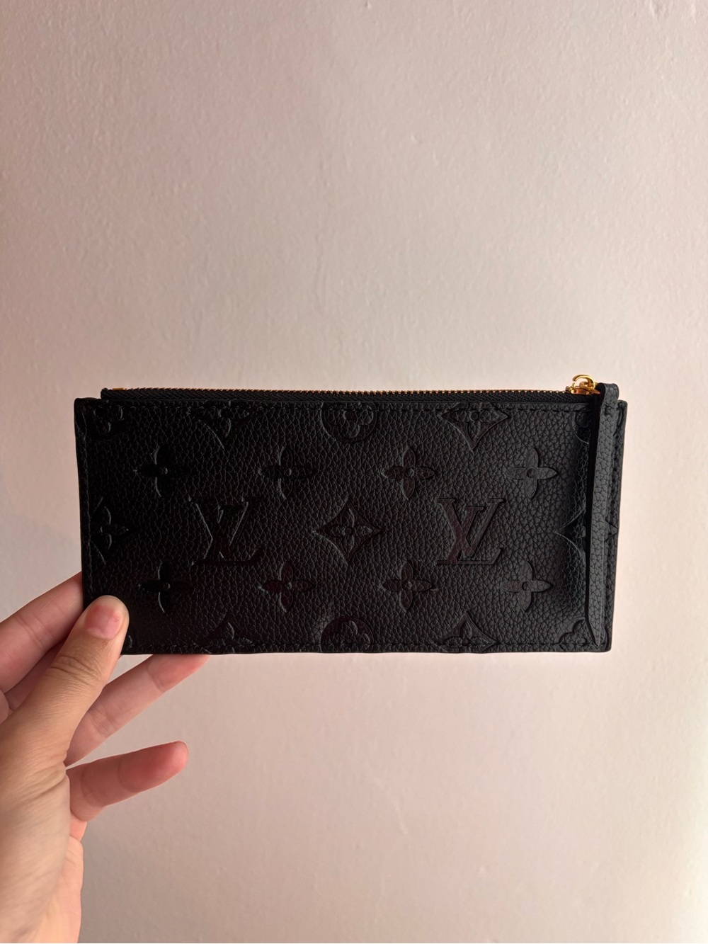 Louis Vuitton Black Embossed Monogram Zip Wallet with Gold Hardware